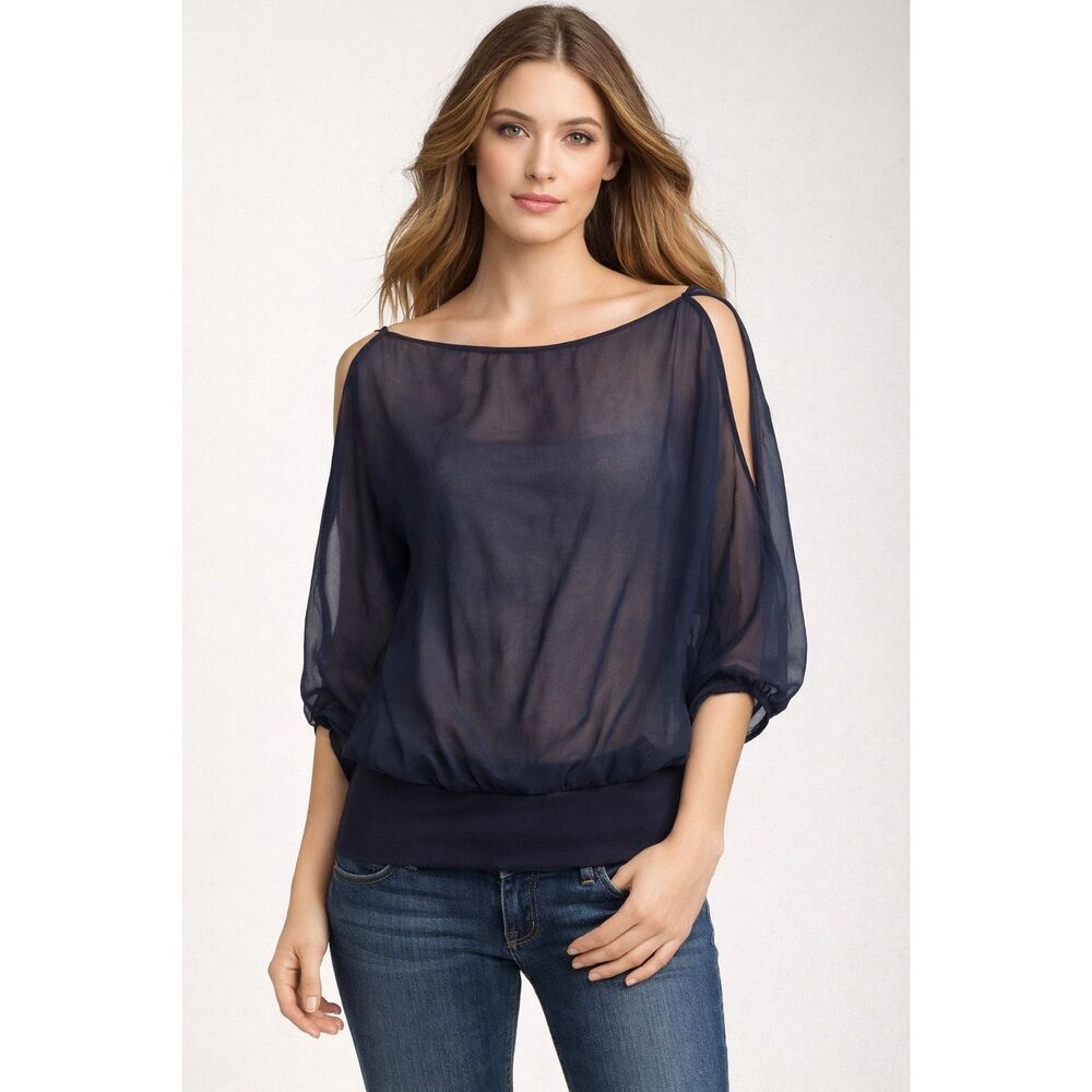 Nordstrom Nu Collective Womens 100% Silk Balloon Sleeve Sheer Blouse Top Black S